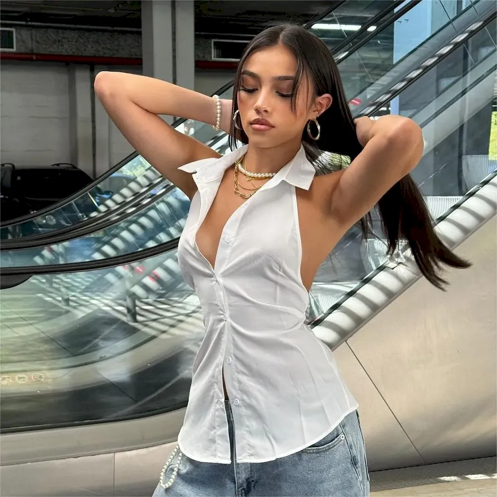 Women Fashion Sexy Solid Color Halter-Neck Sleeveless Backless Lace-Up Blouse - Image 3