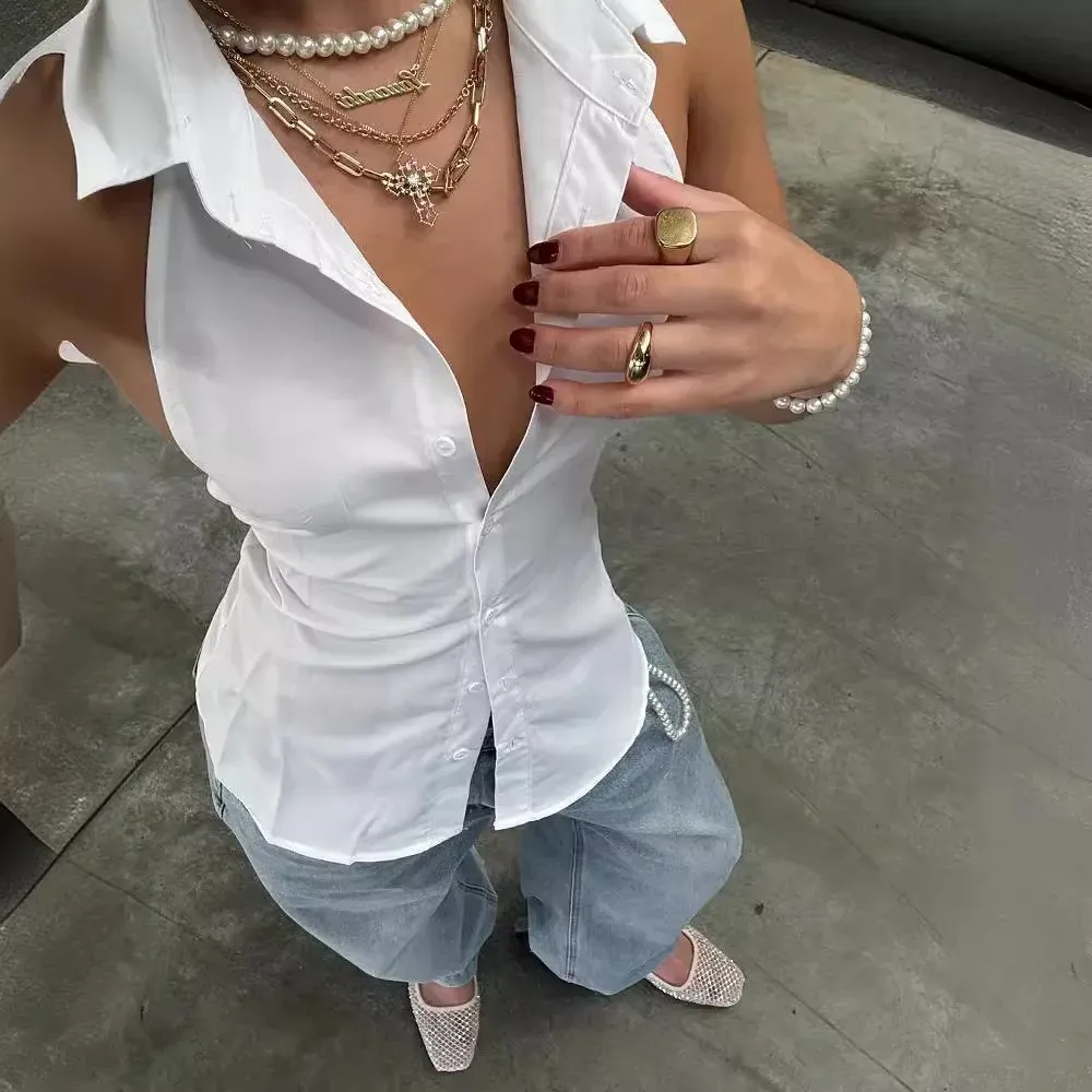 Women Fashion Sexy Solid Color Halter-Neck Sleeveless Backless Lace-Up Blouse - Image 4