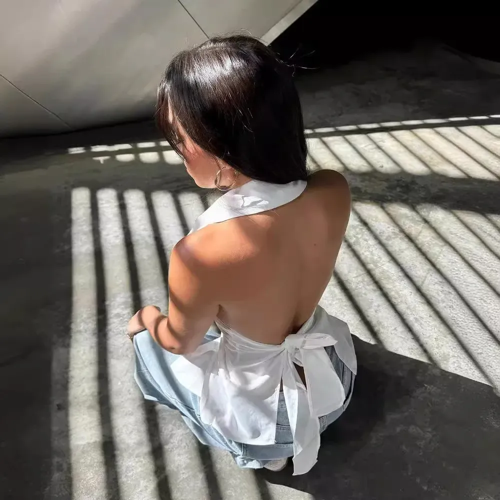 Women Fashion Sexy Solid Color Halter-Neck Sleeveless Backless Lace-Up Blouse - Image 5