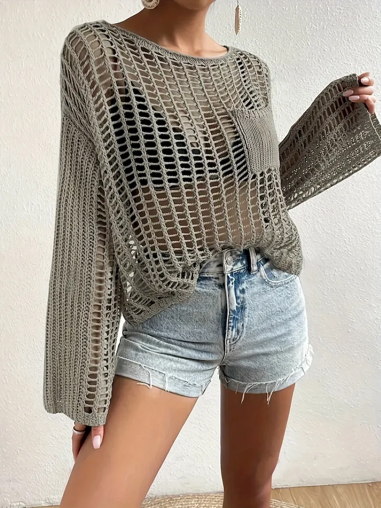 Women Summer Vacation Pocket Design Unique Cool Hollow Blouse Knitted Pullover Top Coverup - Image 3