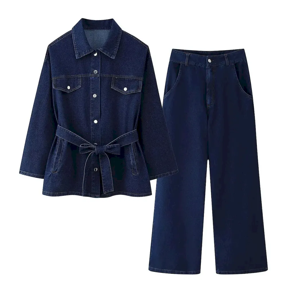 Women Fashion Casual Denim Lapel Long Sleeve Coat High Waist Jeans Two-Piece Set