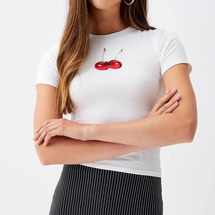 Women Fashion Casual Cherry Printed Round-Neck Short-Sleeve T-Shirt