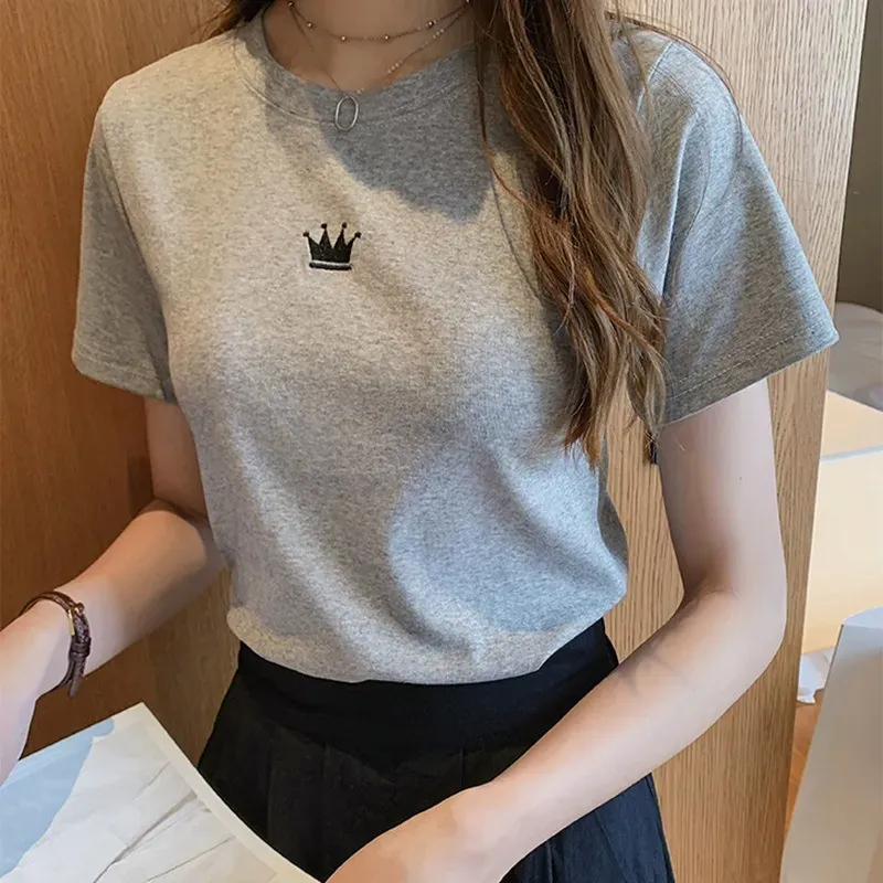 Women Fashion Casual Solid Color Embroidered Round Neck Short-Sleeve Slim-Fit T-Shirt