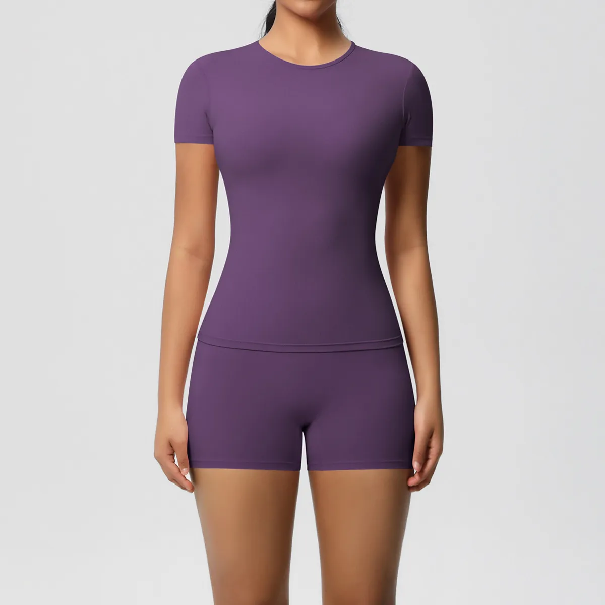 Women Fashion Casual Solid Color Short-Sleeve T-Shirt Tight Shorts Yoga Sports Two-Piece Set