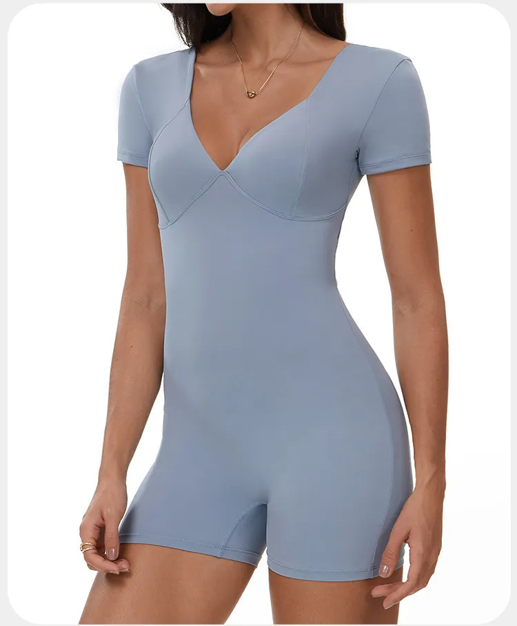 Women Fashion Solid Color V-Neck Short-Sleeve Backless Yoga Sports Rompers - Image 4