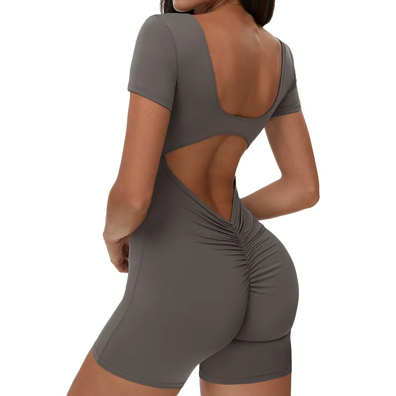 Women Fashion Solid Color V-Neck Short-Sleeve Backless Yoga Sports Rompers - Image 5