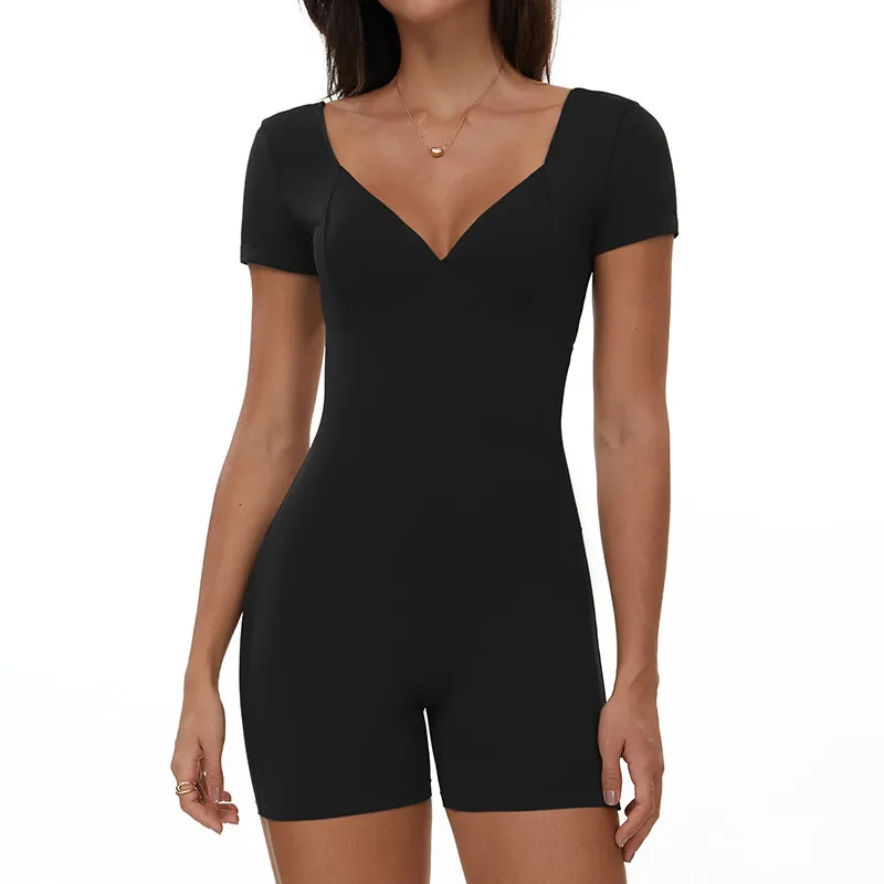 Women Fashion Solid Color V-Neck Short-Sleeve Backless Yoga Sports Rompers - Image 6