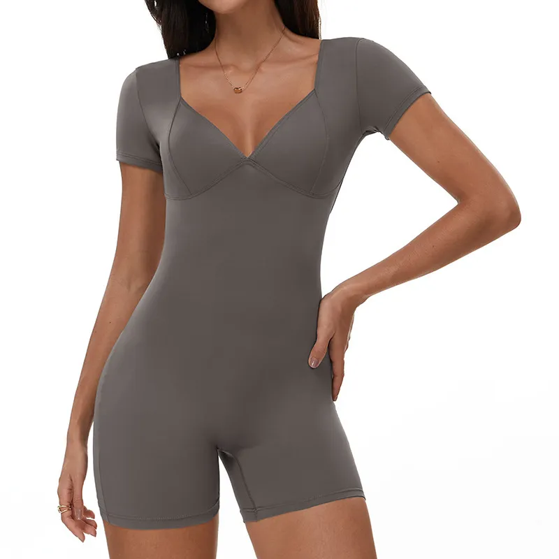 Women Fashion Solid Color V-Neck Short-Sleeve Backless Yoga Sports Rompers - Image 7