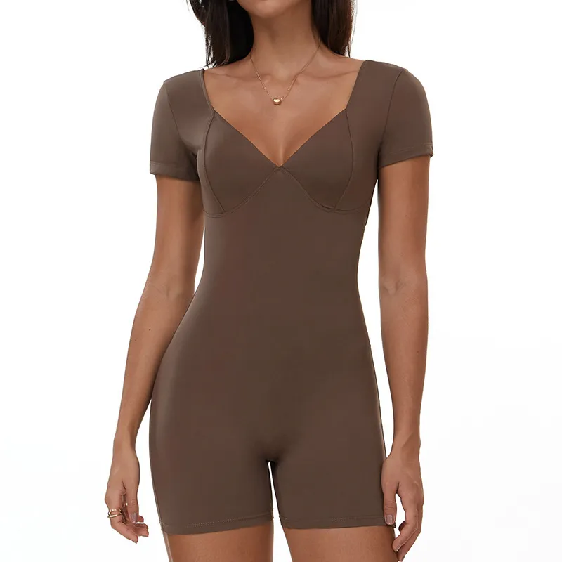 Women Fashion Solid Color V-Neck Short-Sleeve Backless Yoga Sports Rompers - Image 8