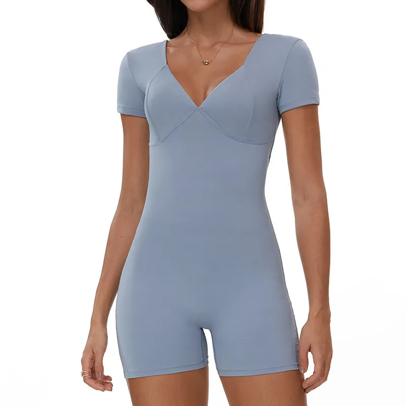 Women Fashion Solid Color V-Neck Short-Sleeve Backless Yoga Sports Rompers - Image 9