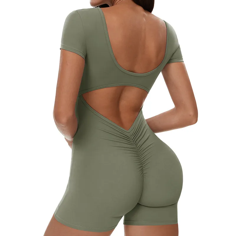 Women Fashion Solid Color Short-Sleeve Backless Yoga Sports Rompers - Image 5