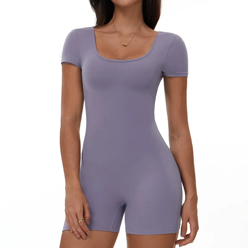 Women Fashion Solid Color Short-Sleeve Backless Yoga Sports Rompers - Image 11