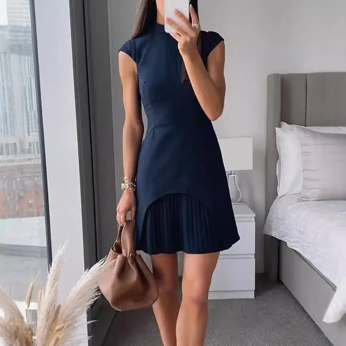 Women Fashion Casual Solid Color Round Neck Sleeveless Slim-Fit Dress