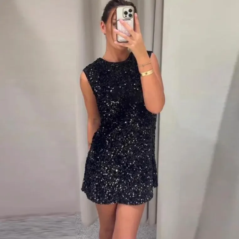 Women Fashion Elegant Solid Color Sequins Sleeveless Bowknot Lace-Up Slim Fit Dress