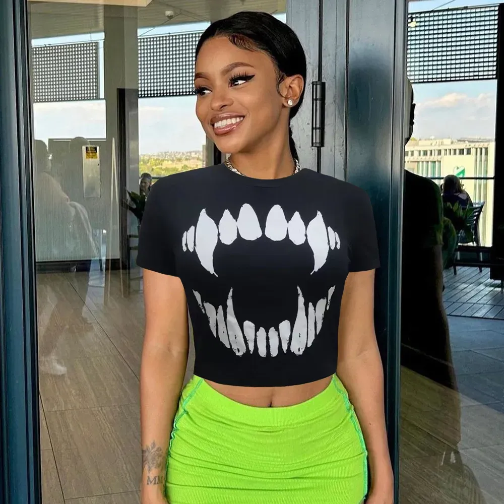 Women Fashion Summer Round Neck Printed Short-Sleeved Cropped Top T-Shirt - Image 4