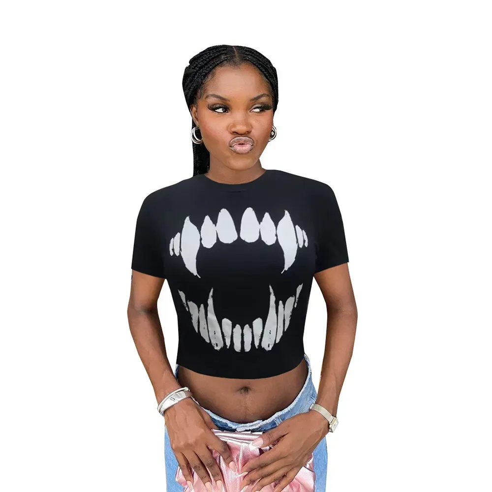 Women Fashion Summer Round Neck Printed Short-Sleeved Cropped Top T-Shirt - Image 5