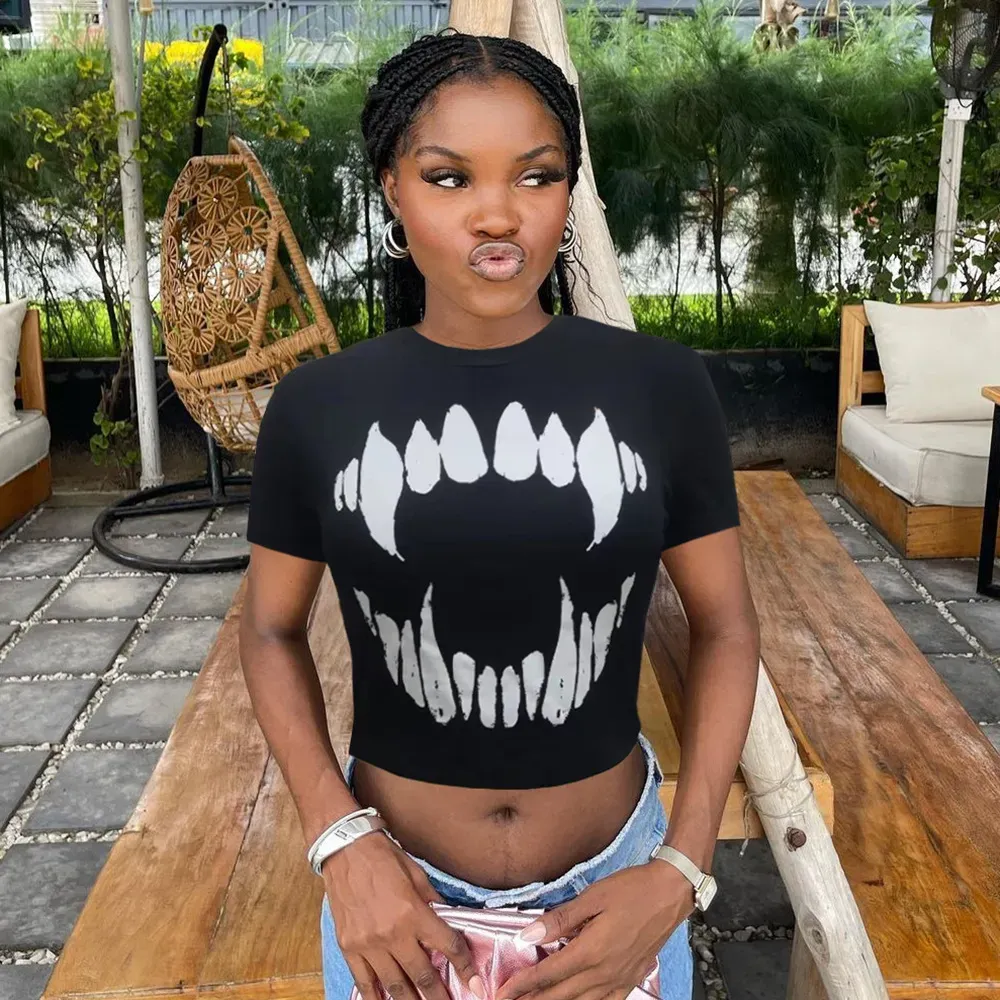 Women Fashion Summer Round Neck Printed Short-Sleeved Cropped Top T-Shirt - Image 6