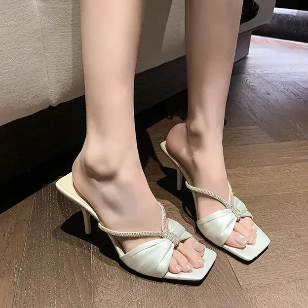 Women Fashion Sexy Solid Color Square-Toe Rhinestone Thin Strip High-Heels Shoes