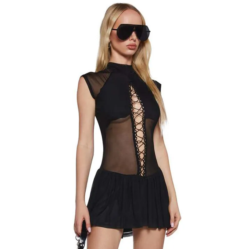 Women Fashion Lace-Up Hollow-Out Stitching Mesh Dress - Image 3