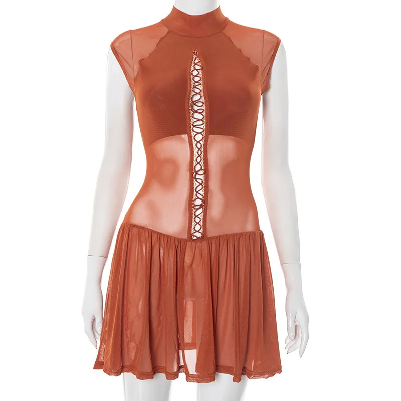 Women Fashion Lace-Up Hollow-Out Stitching Mesh Dress - Image 6