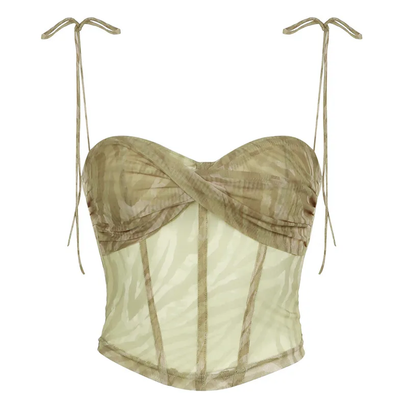 Women Fashion Sexy Double-Layer Mesh Pleated Printed Spaghetti Strap Crop Top - Image 4