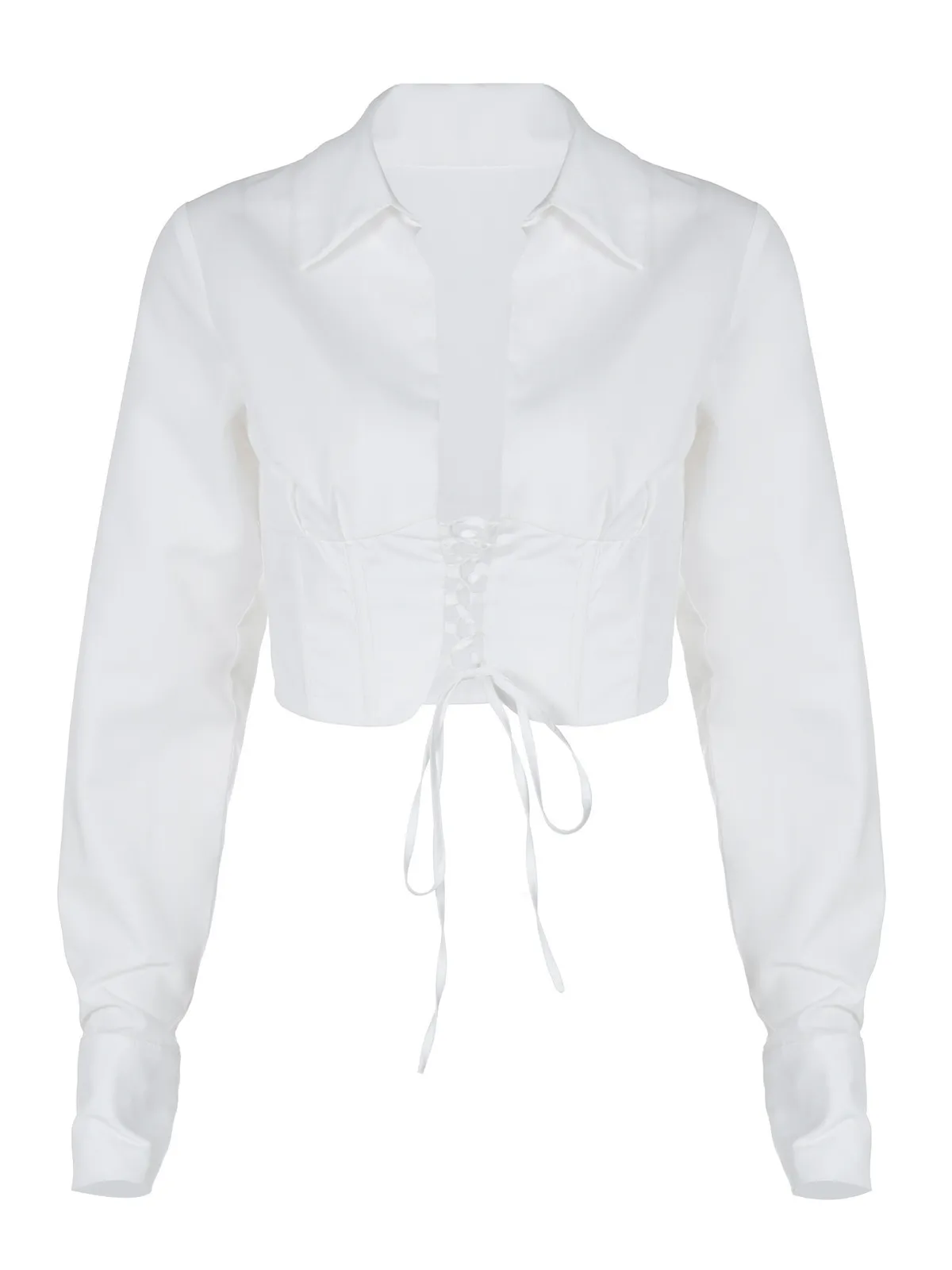 Women Fashion Sexy Solid Color Lapel Long Sleeve Lace-Up Crop Top - Image 5
