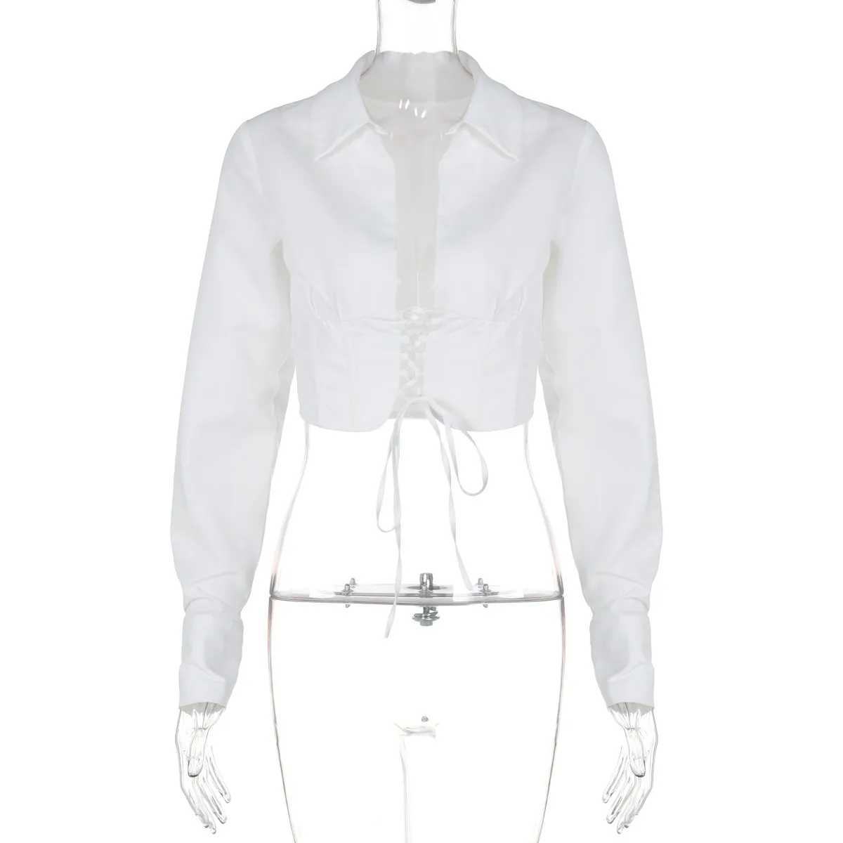 Women Fashion Sexy Solid Color Lapel Long Sleeve Lace-Up Crop Top - Image 6