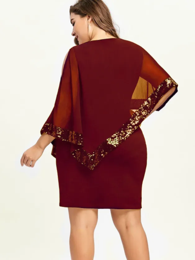 Women Fashion Irregular Plus Size Sequins Stitching Short-Sleeve Slim Fit Dress - Image 5