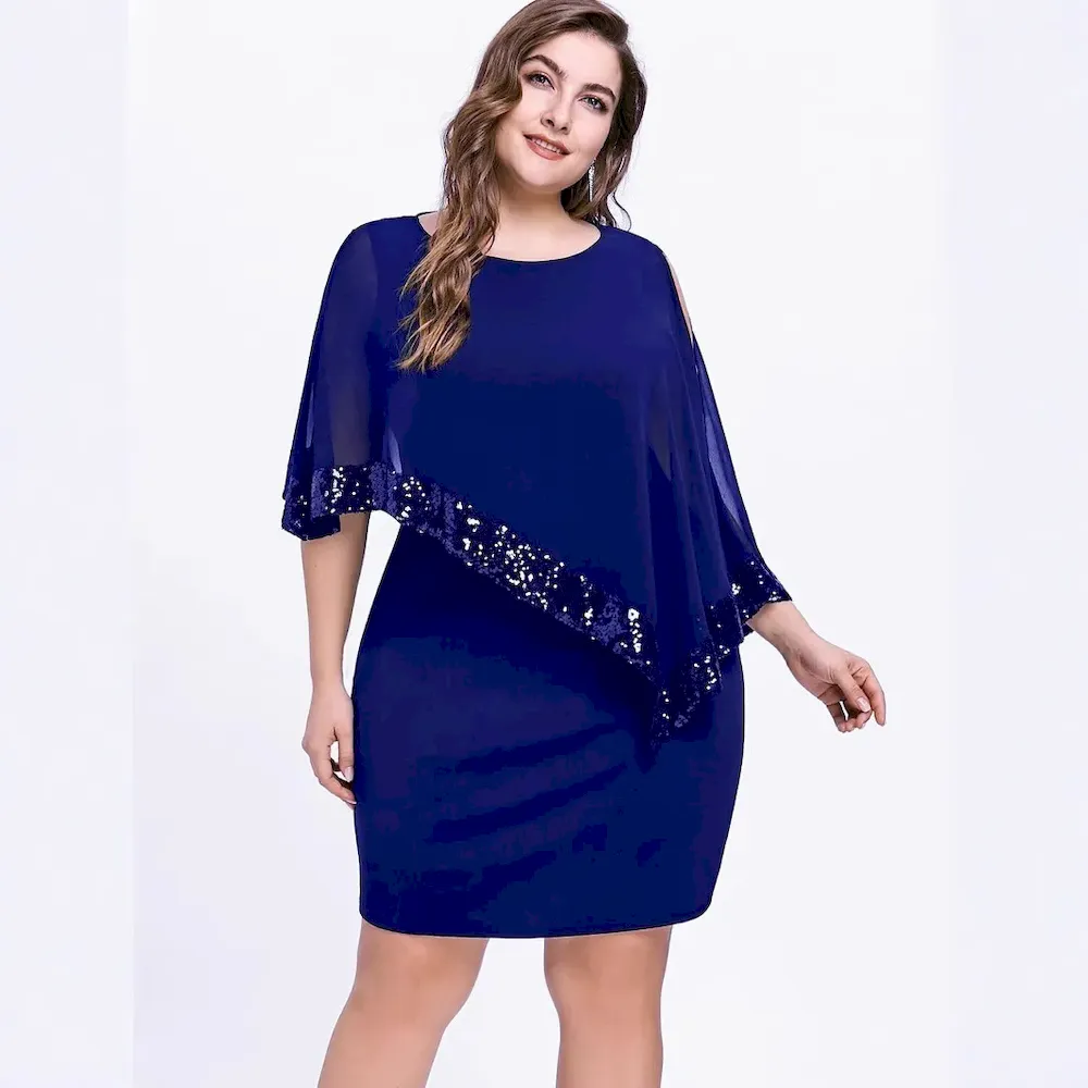 Women Fashion Irregular Plus Size Sequins Stitching Short-Sleeve Slim Fit Dress - Image 12
