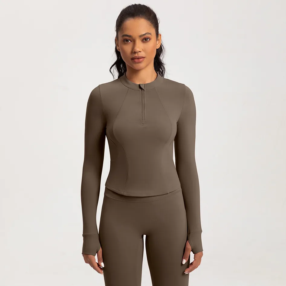 Women Fashion Solid Color Long-Sleeve Half-Zipper Tight Yoga Sports Top