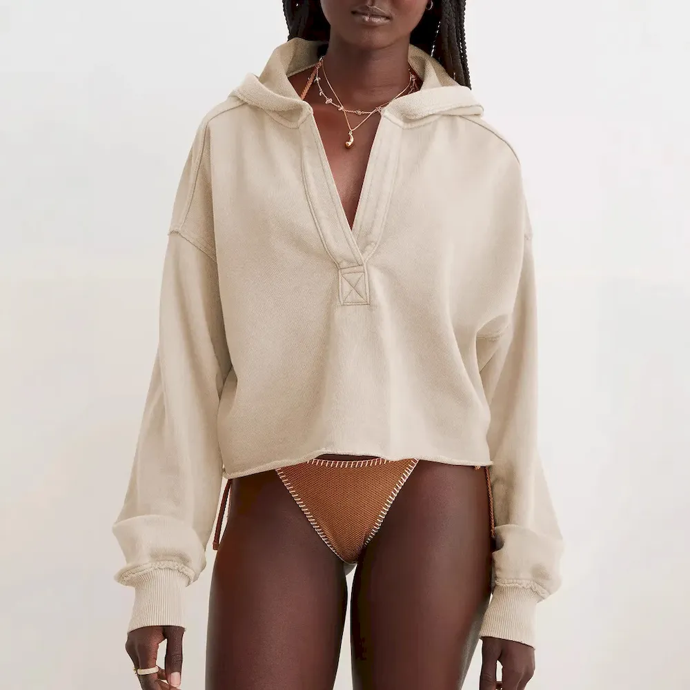 Women Fashion Simple Solid Color V-Neck Long Sleeve Loose Hoodies - Image 2