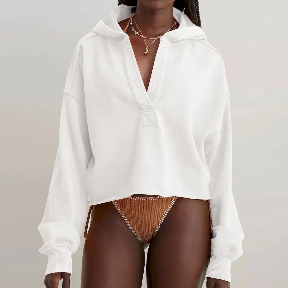 Women Fashion Simple Solid Color V-Neck Long Sleeve Loose Hoodies - Image 10