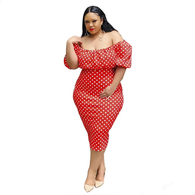 L-4XL Women Plus Size Off-the-Shoulder Lantern Sleeve Polka Dot Printed Bodycon Dress - Image 3