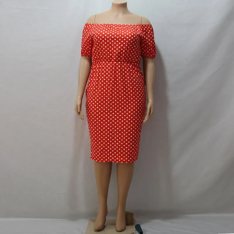 L-4XL Women Plus Size Off-the-Shoulder Lantern Sleeve Polka Dot Printed Bodycon Dress - Image 4