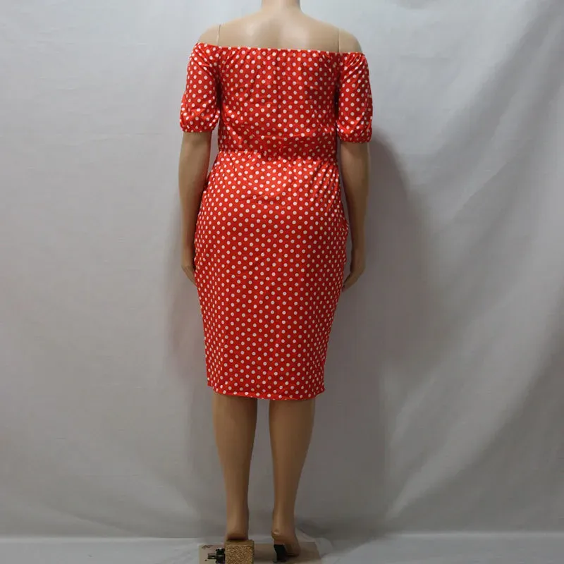 L-4XL Women Plus Size Off-the-Shoulder Lantern Sleeve Polka Dot Printed Bodycon Dress - Image 6