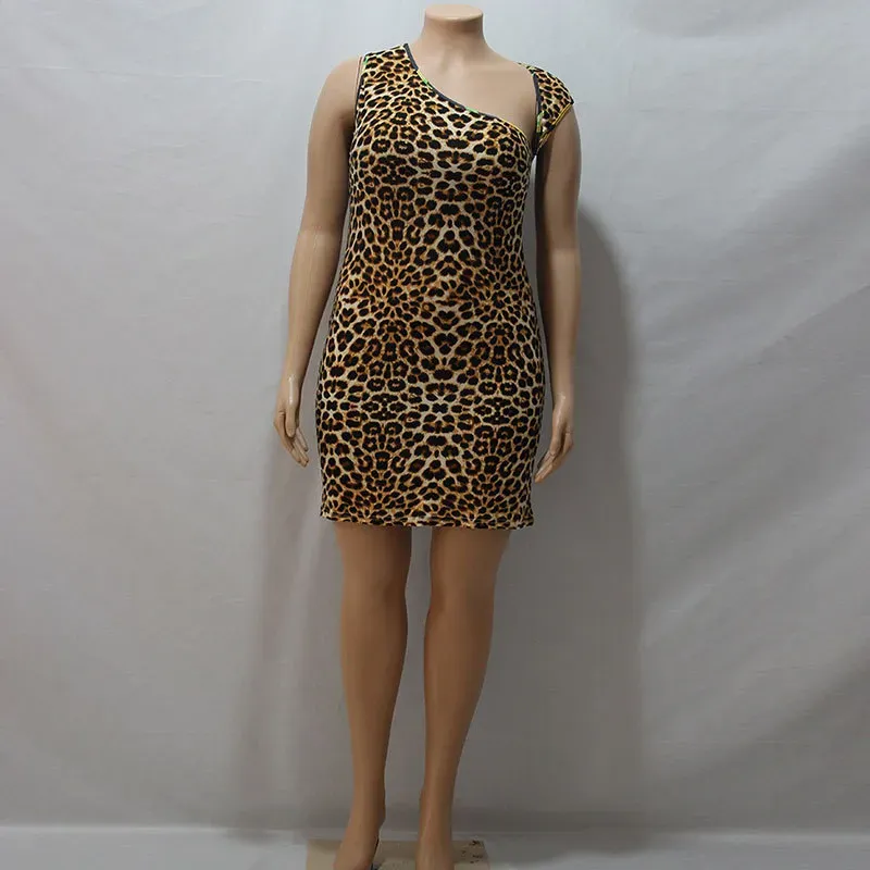 L-4XL Women Plus Size Sexy Leopard Irregular Sleeveless Bodycon Dress - Image 3