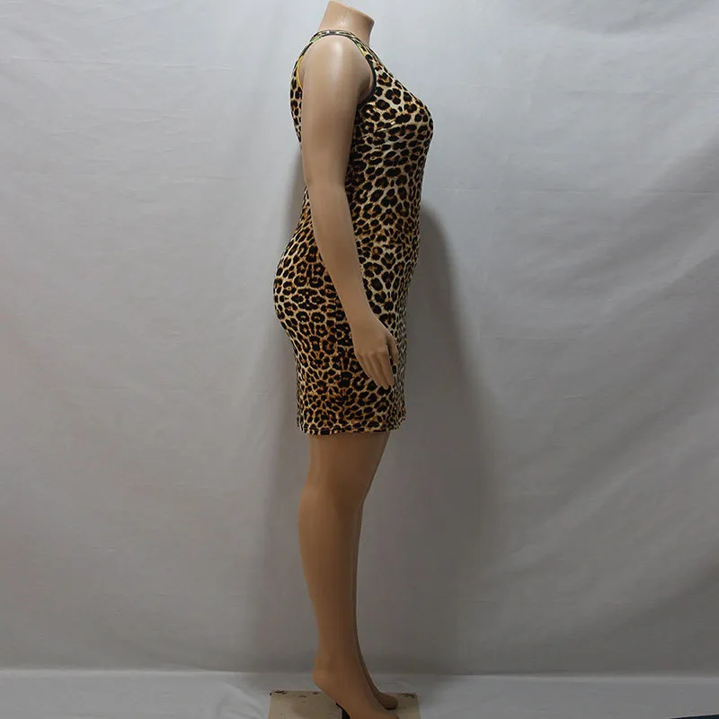 L-4XL Women Plus Size Sexy Leopard Irregular Sleeveless Bodycon Dress - Image 4