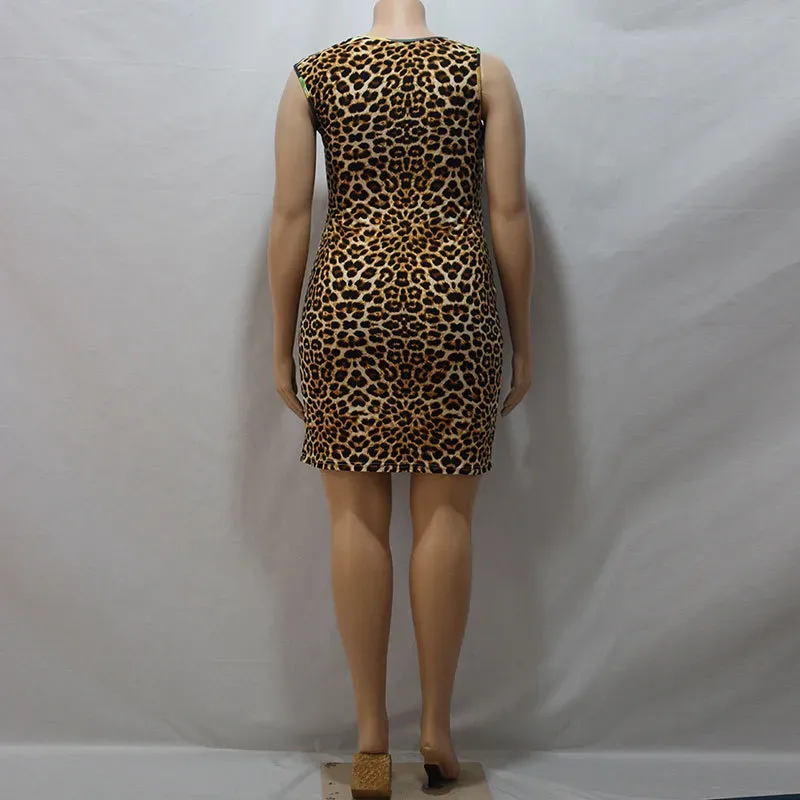 L-4XL Women Plus Size Sexy Leopard Irregular Sleeveless Bodycon Dress - Image 5
