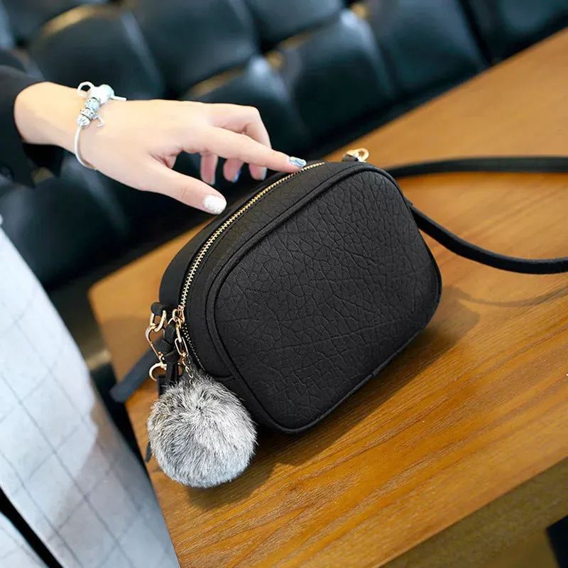 Fashion Women Pompon PU Zipper Crossbody Bag - Image 5