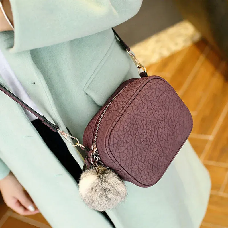 Fashion Women Pompon PU Zipper Crossbody Bag - Image 7
