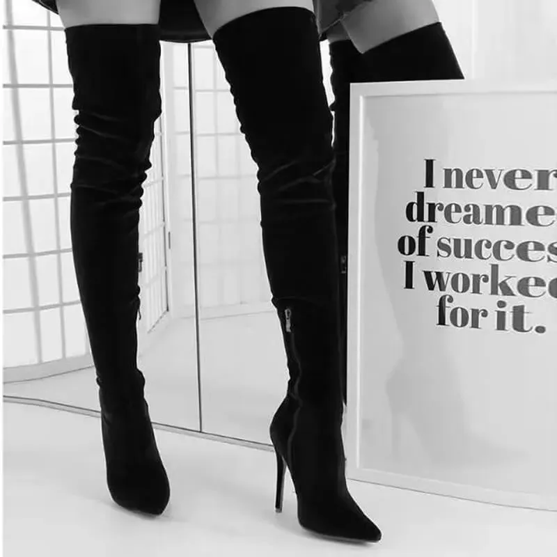 Size:4.5-11 Women Fashionable Solid Color Pointed-Toe Zipper Design Over The Knee Boots - Image 7