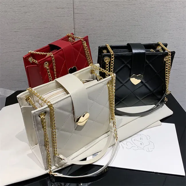 Women Elegant Solid Color Diamond Grid Stitching Heart-shaped Metal Buckle PU Crossbody Shoulder Bag - Image 8