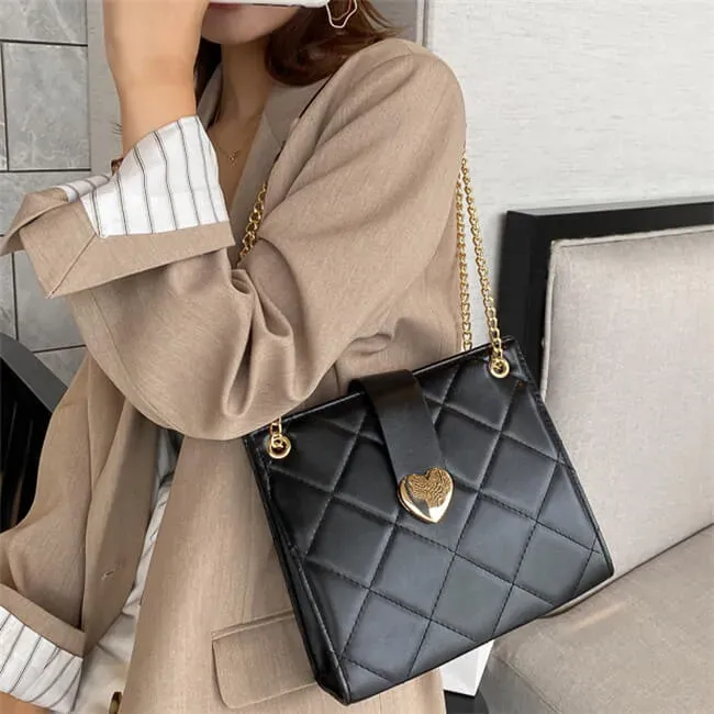 Women Elegant Solid Color Diamond Grid Stitching Heart-shaped Metal Buckle PU Crossbody Shoulder Bag - Image 10
