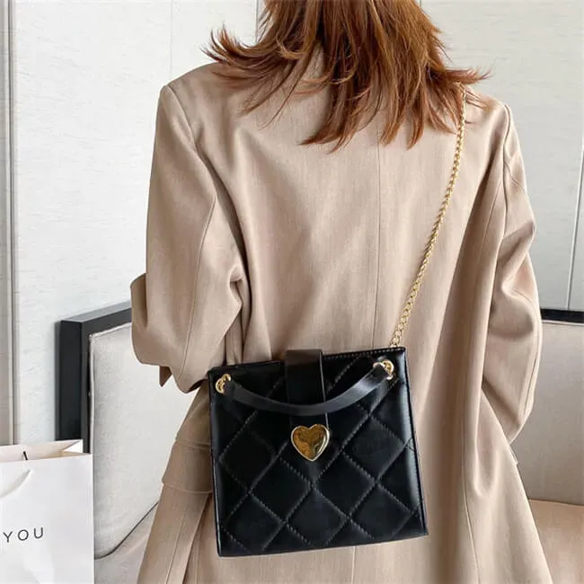 Women Elegant Solid Color Diamond Grid Stitching Heart-shaped Metal Buckle PU Crossbody Shoulder Bag - Image 11