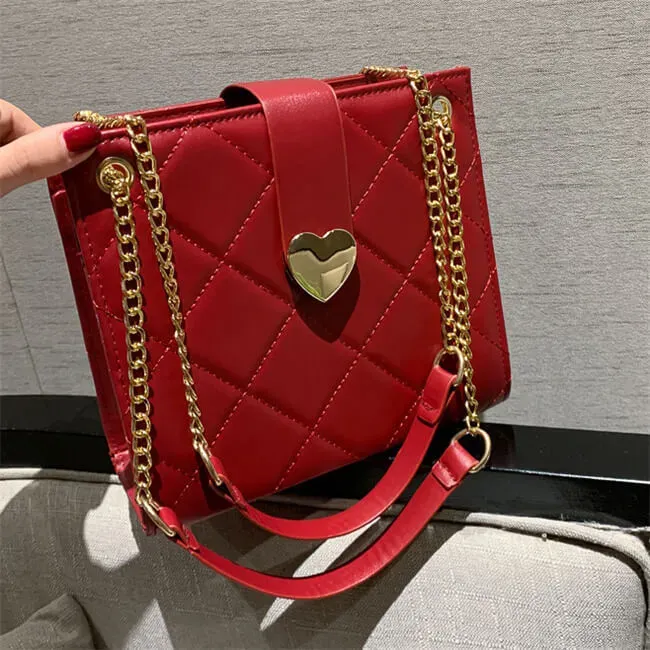 Women Elegant Solid Color Diamond Grid Stitching Heart-shaped Metal Buckle PU Crossbody Shoulder Bag - Image 12