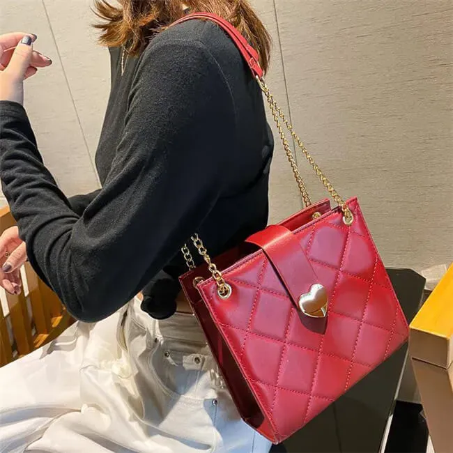 Women Elegant Solid Color Diamond Grid Stitching Heart-shaped Metal Buckle PU Crossbody Shoulder Bag - Image 13