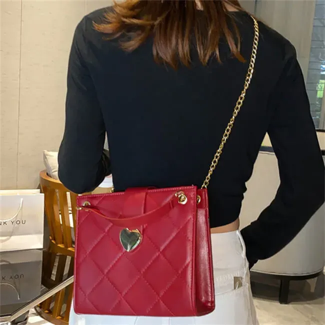 Women Elegant Solid Color Diamond Grid Stitching Heart-shaped Metal Buckle PU Crossbody Shoulder Bag - Image 14