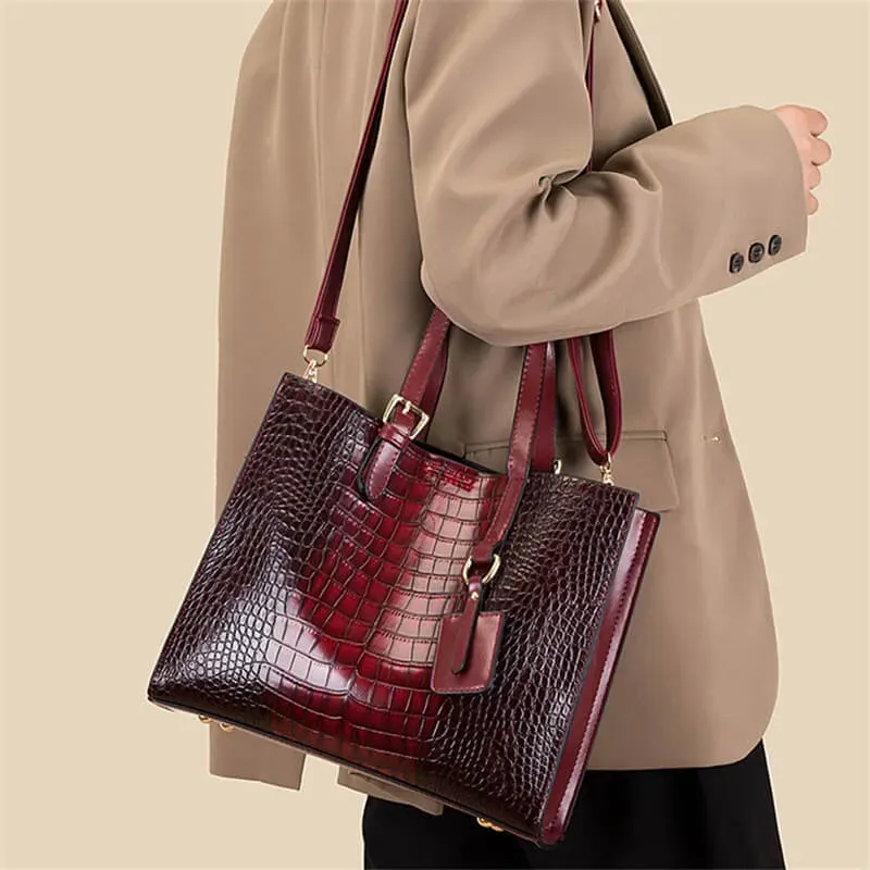 3 In 1 Women Vintage Crocodile Pattern Large Capacity PU Crossbody Shoulder Handle Bag - Image 3