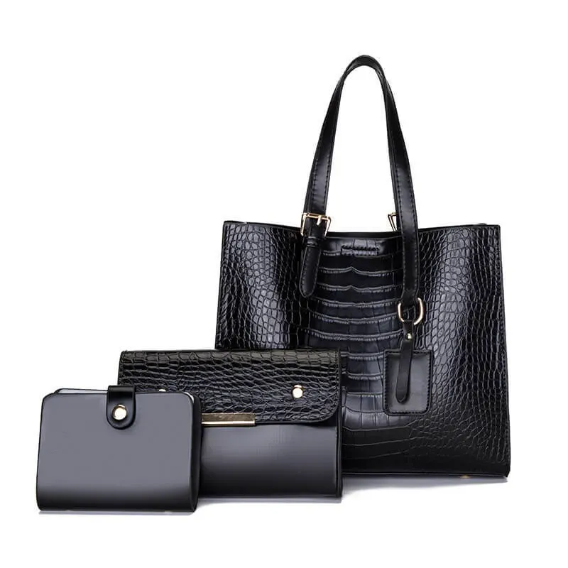 3 In 1 Women Vintage Crocodile Pattern Large Capacity PU Crossbody Shoulder Handle Bag - Image 4