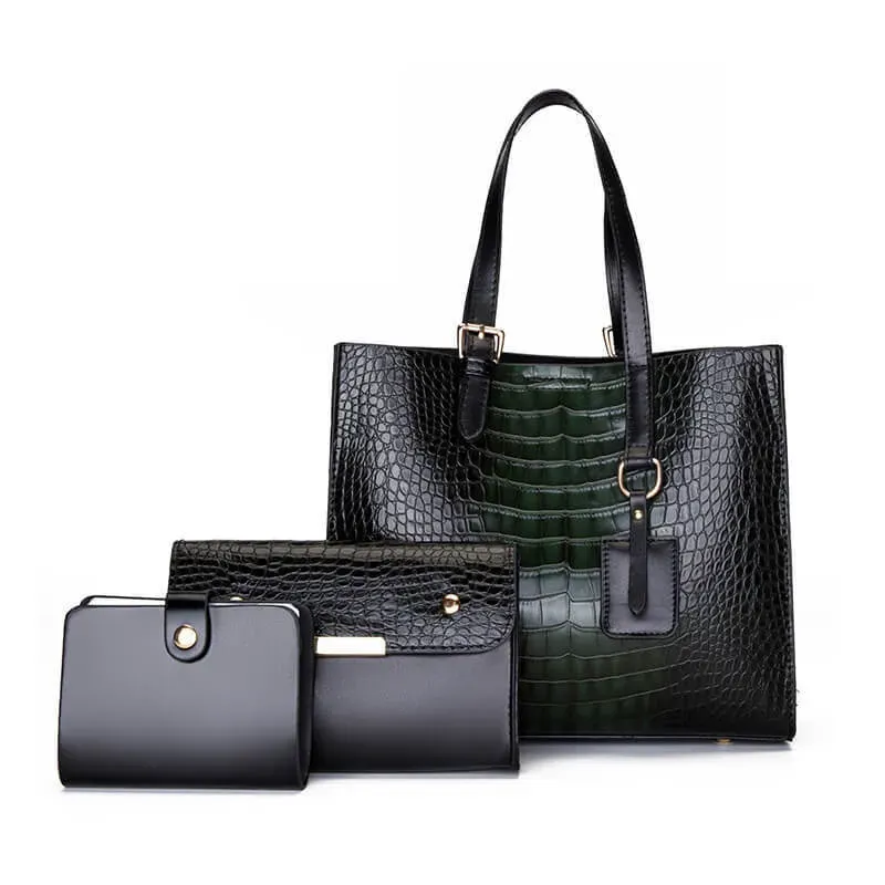 3 In 1 Women Vintage Crocodile Pattern Large Capacity PU Crossbody Shoulder Handle Bag - Image 6